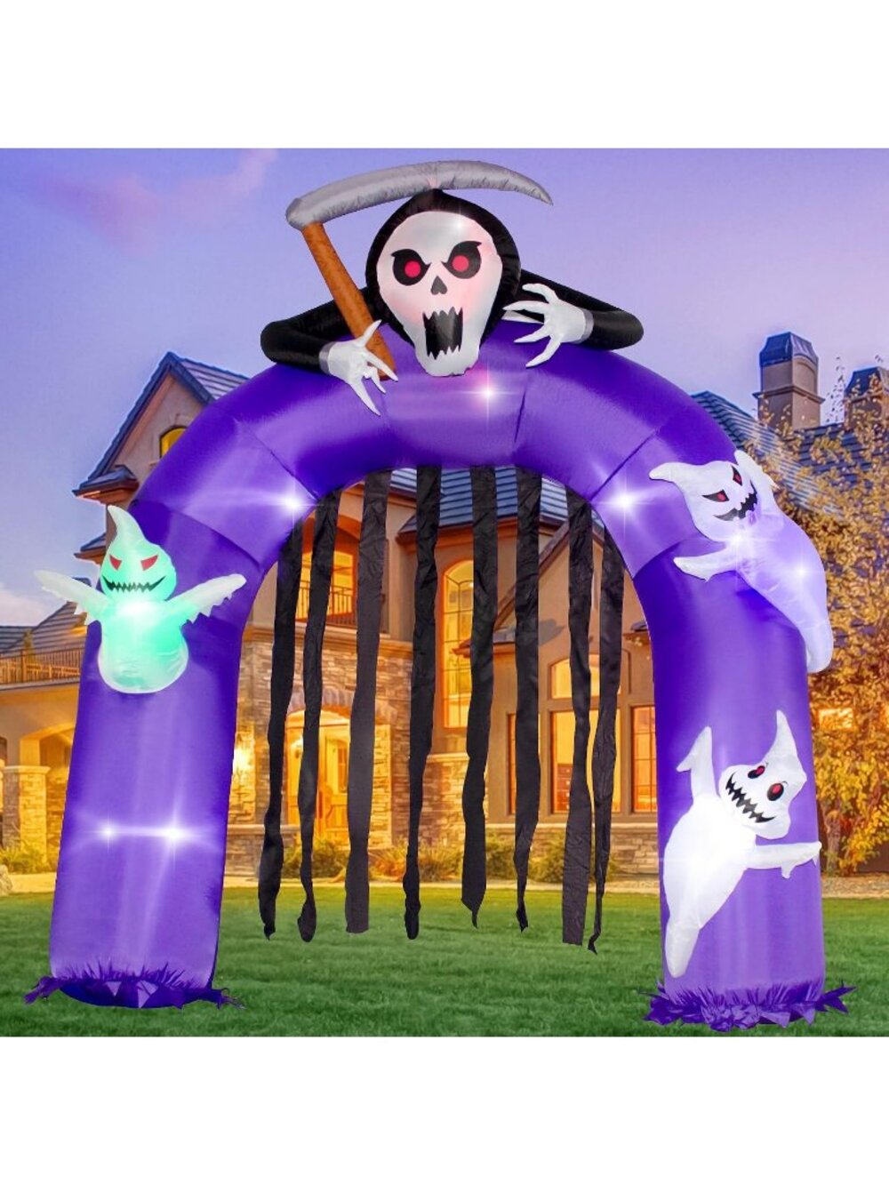🎃6FT Halloween Inflatables Giant Grim Reaper Arch Three White Ghost Decoration